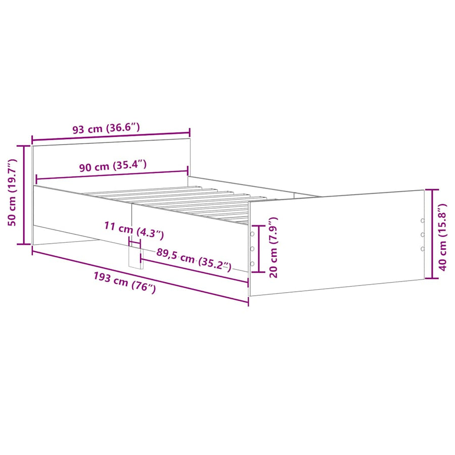 Bedframe zonder matras bewerkt 90x190 cm bewerkt hout oud