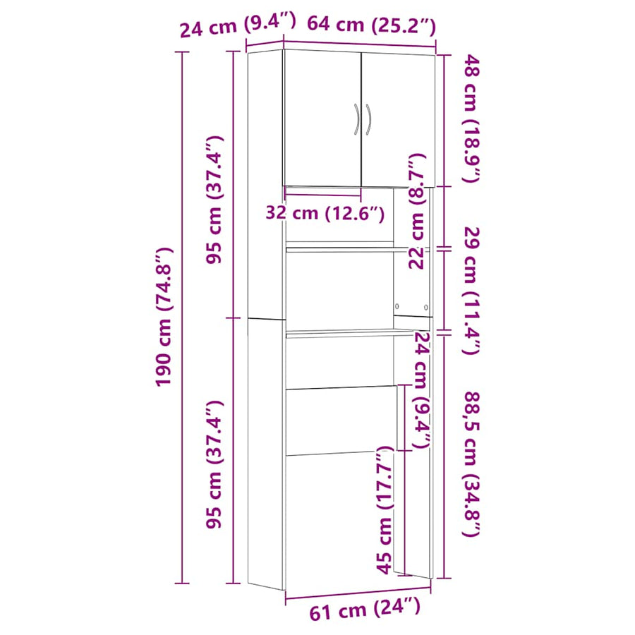 Wasmachinekast 64x24x190 cm bewerkt hout grijs sonoma eikenkl