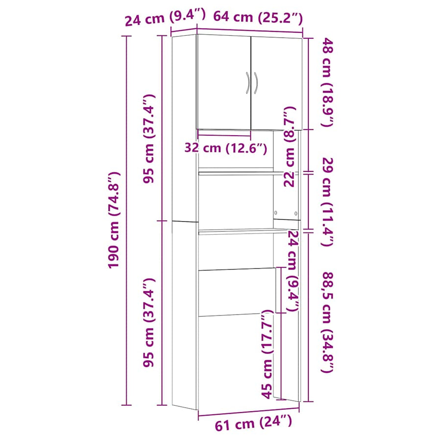 Wasmachinekast 64x24x190 cm bewerkt hout oud houtkleurig