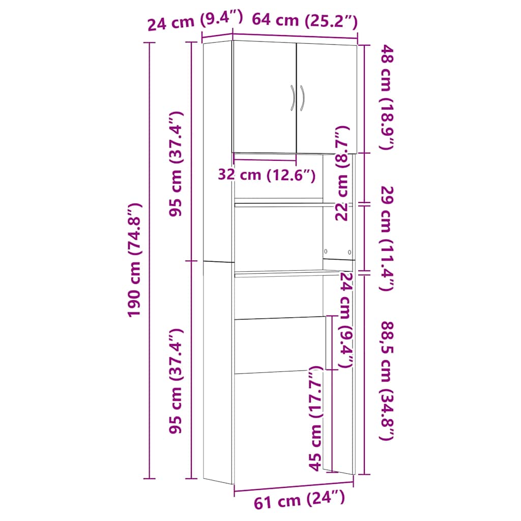 Wasmachinekast 64x24x190 cm bewerkt hout artisanaal eikenkleur