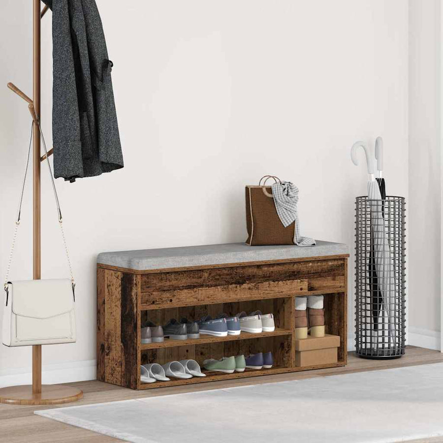 Schoenenbank 102x30,5x45 cm bewerkt hout oud houtkleurig