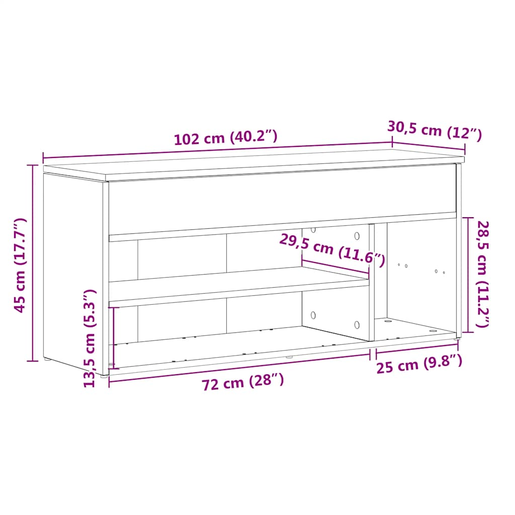Schoenenbank 102x30,5x45 cm bewerkt hout oud houtkleurig