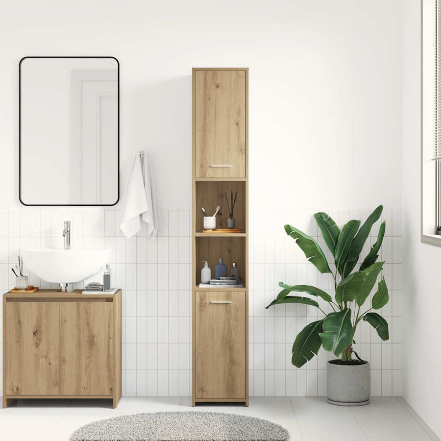 Badkamerkast 30x30x183,5 cm bewerkt hout artisanaal eikenkleur