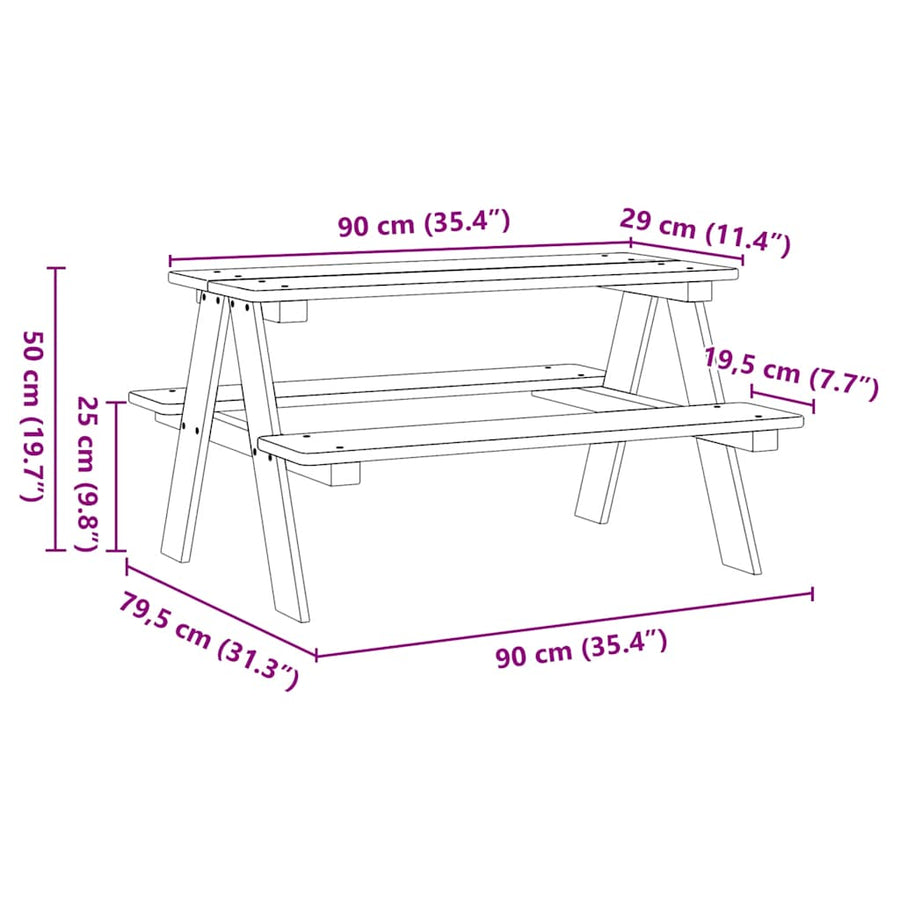 Kindertafel met banken 90x79,5x50 cm massief hout