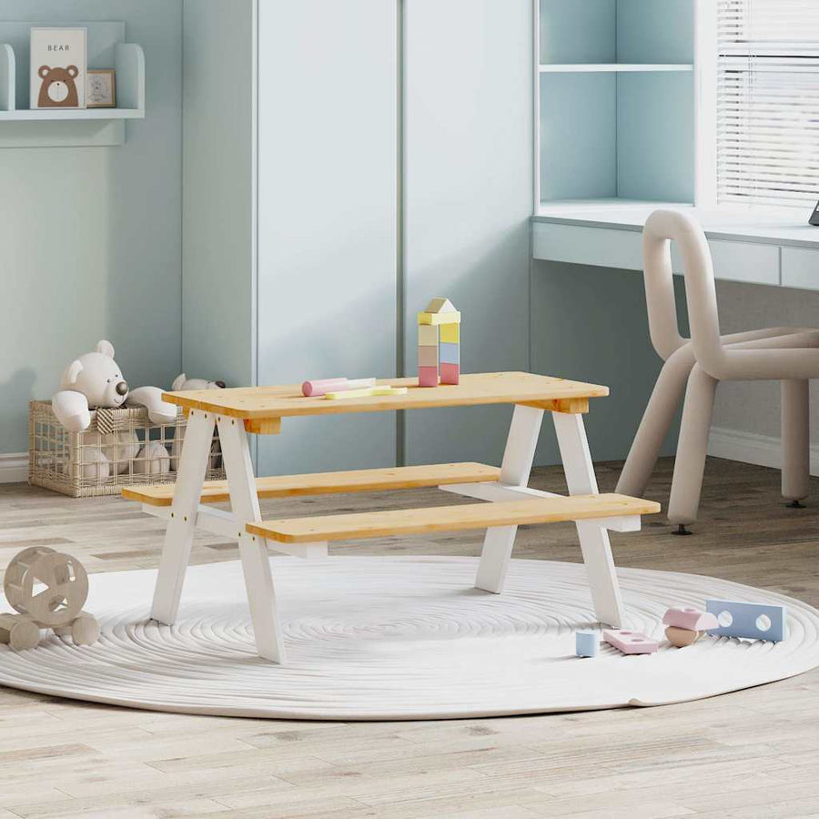 Kindertafel Met Banken Irun 90X79,5X50Cm Massief Hout Wit
