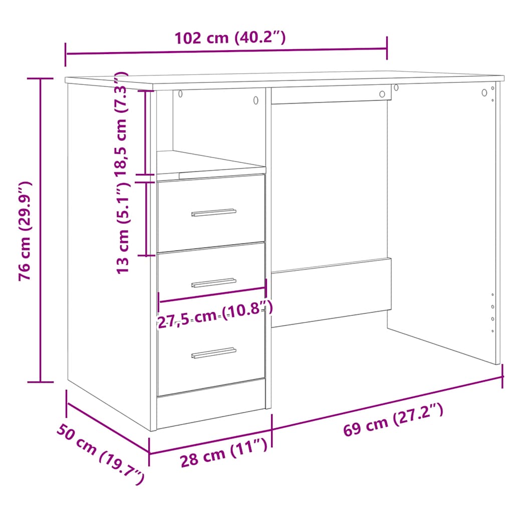Bureau met lades 102x50x76 cm bewerkt hout zwart eikenkleur