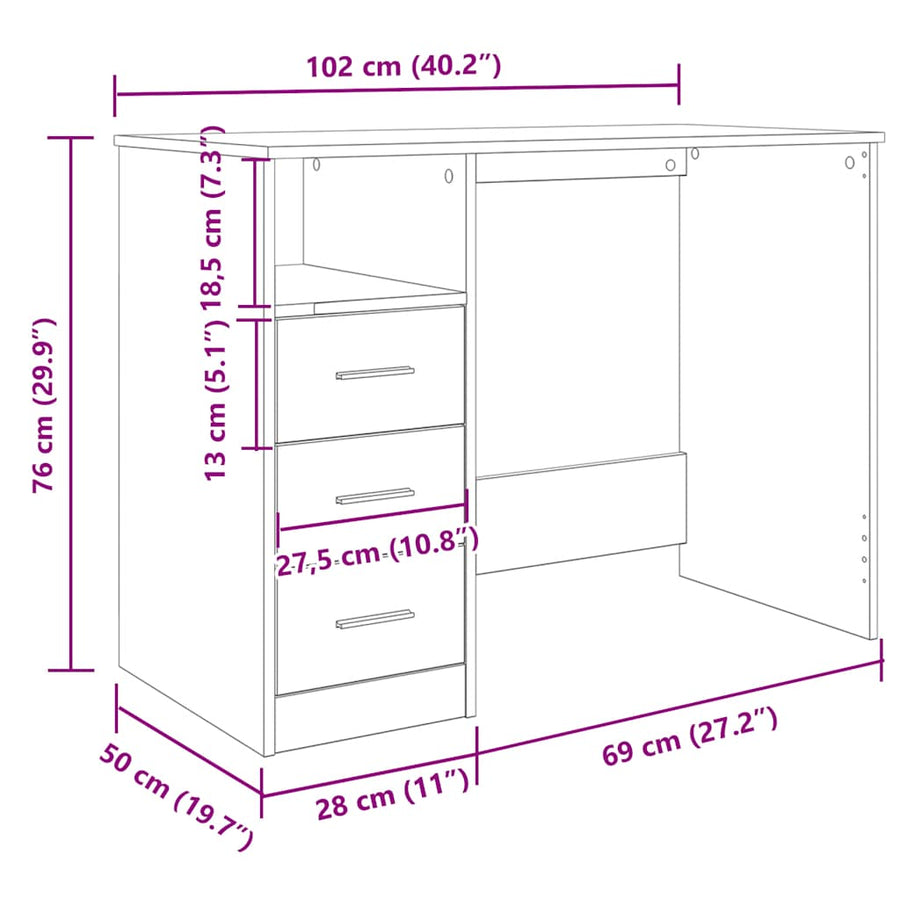 Bureau met lades 102x50x76 cm bewerkt hout zwart eikenkleur