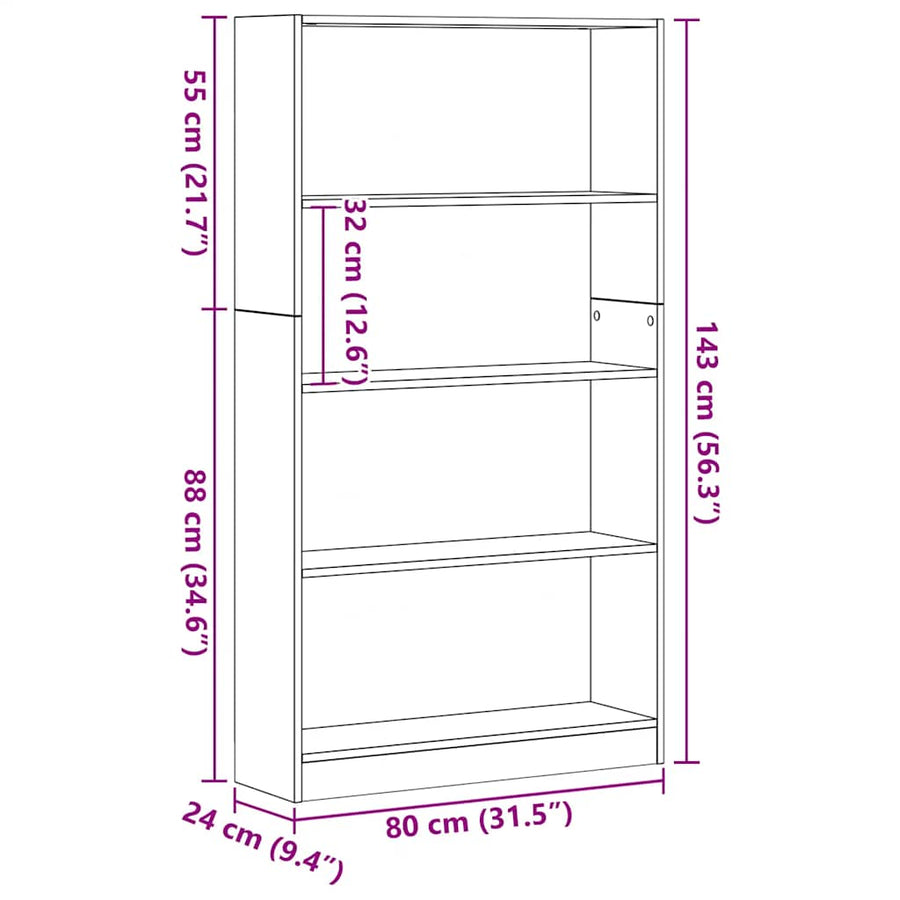 Boekenkast 4-laags 80x24x143 cm spaanplaat zwart eikenkleurig