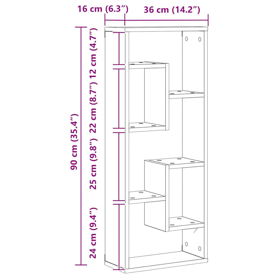 Wandplank 36x16x90 cm bewerkt hout artisanaal eikenkleurig