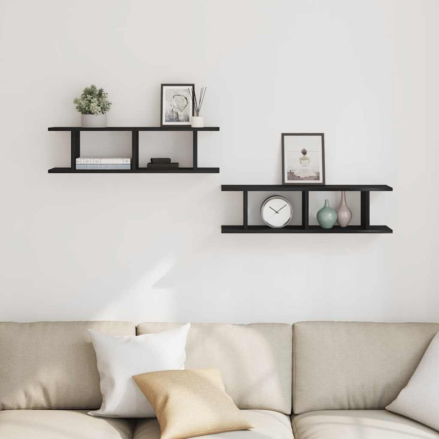 Wandplanken 2 st 75x18x20 cm spaanplaat zwart eikenkleurig