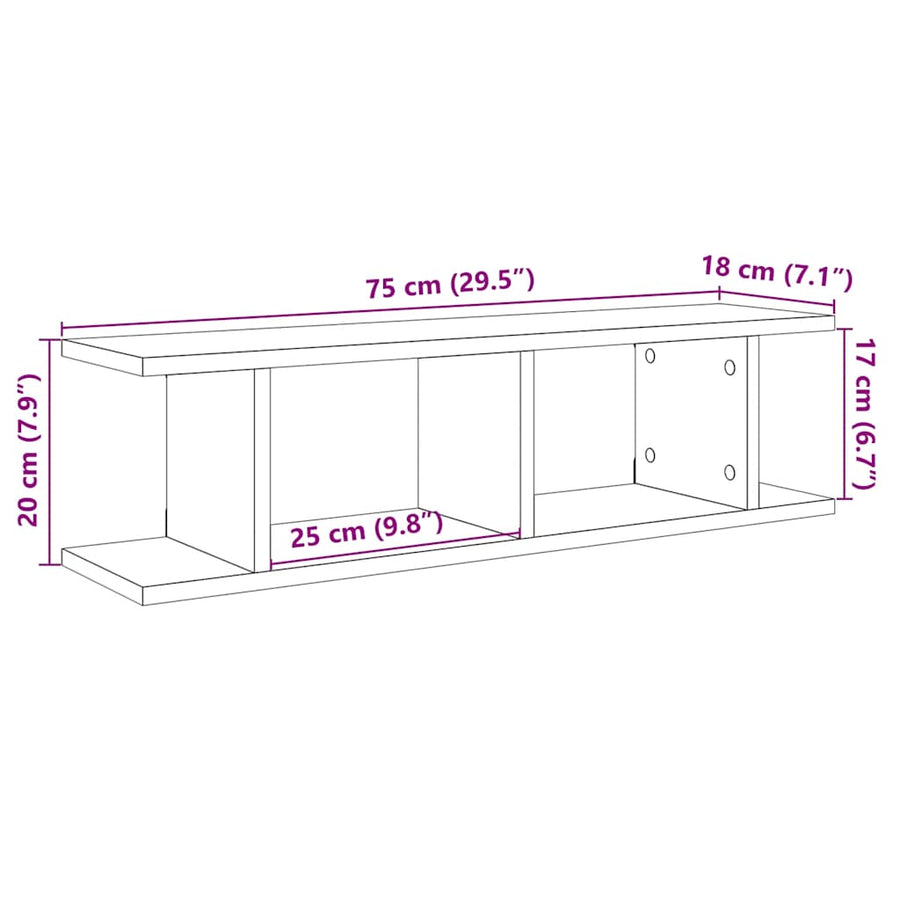 Wandplanken 2 st 75x18x20 cm spaanplaat zwart eikenkleurig