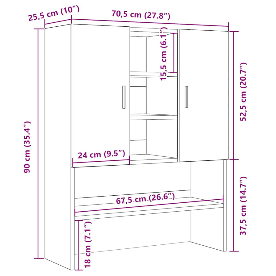 Wasmachinekast 70,5x25,5x90 cm zwart eikenkleurig