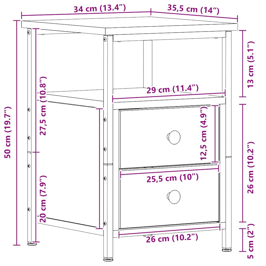 Nachtkastjes 2 st 34x35,5x50 cm bewerkt hout zwart eikenkleurig