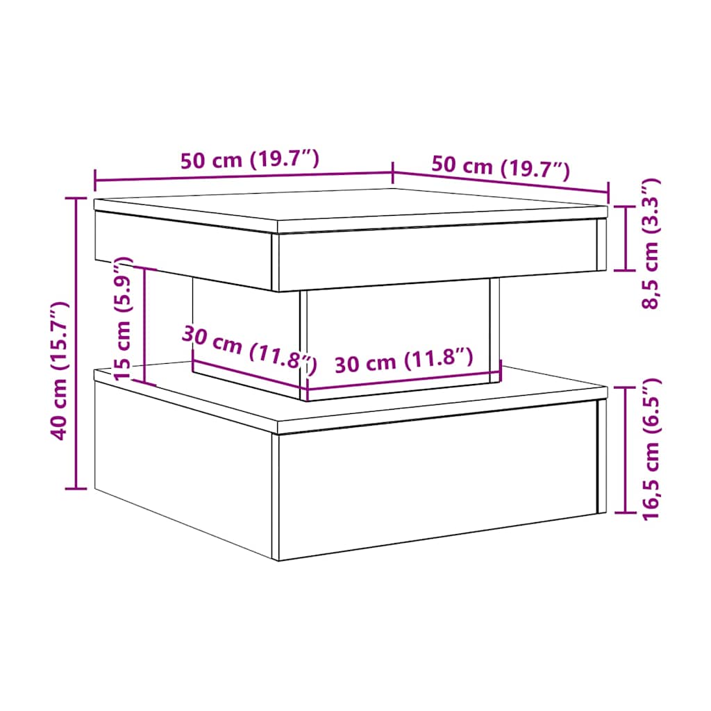 Salontafel met LED-verlichting 50x50x40 cm zwart eikenkleurig