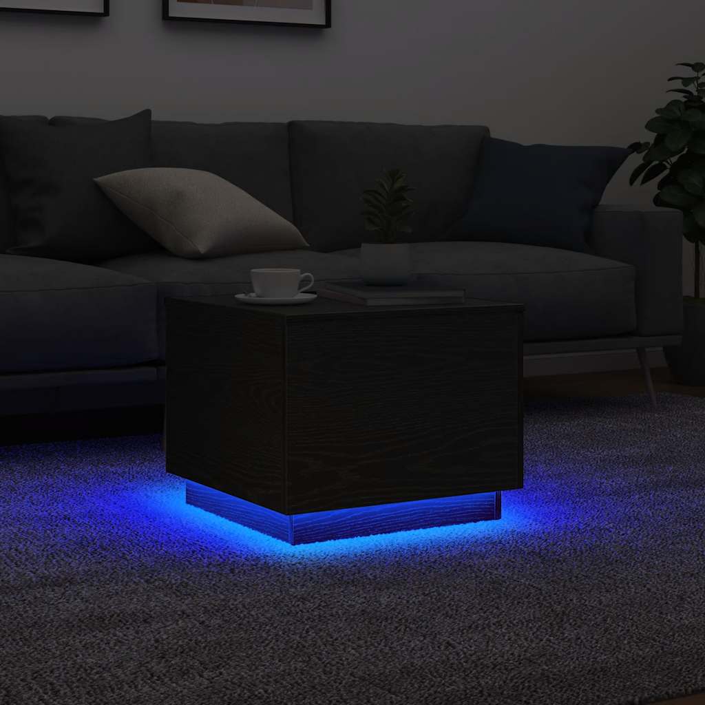 Salontafel met LED-verlichting 50x50x40 cm zwart eikenkleurig