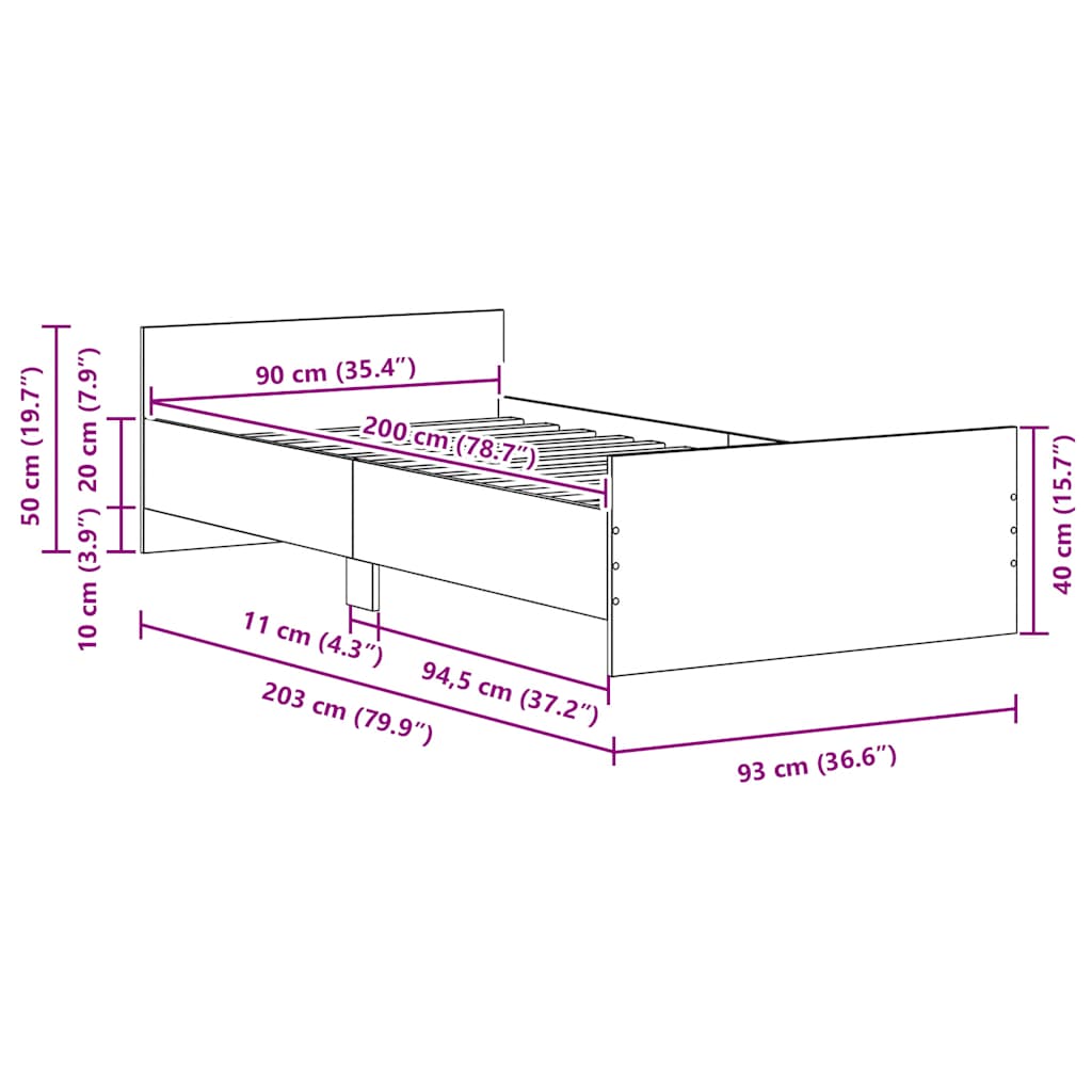 Bedframe zonder matras 90x200 cm spaanplaat zwart eikenkleurig