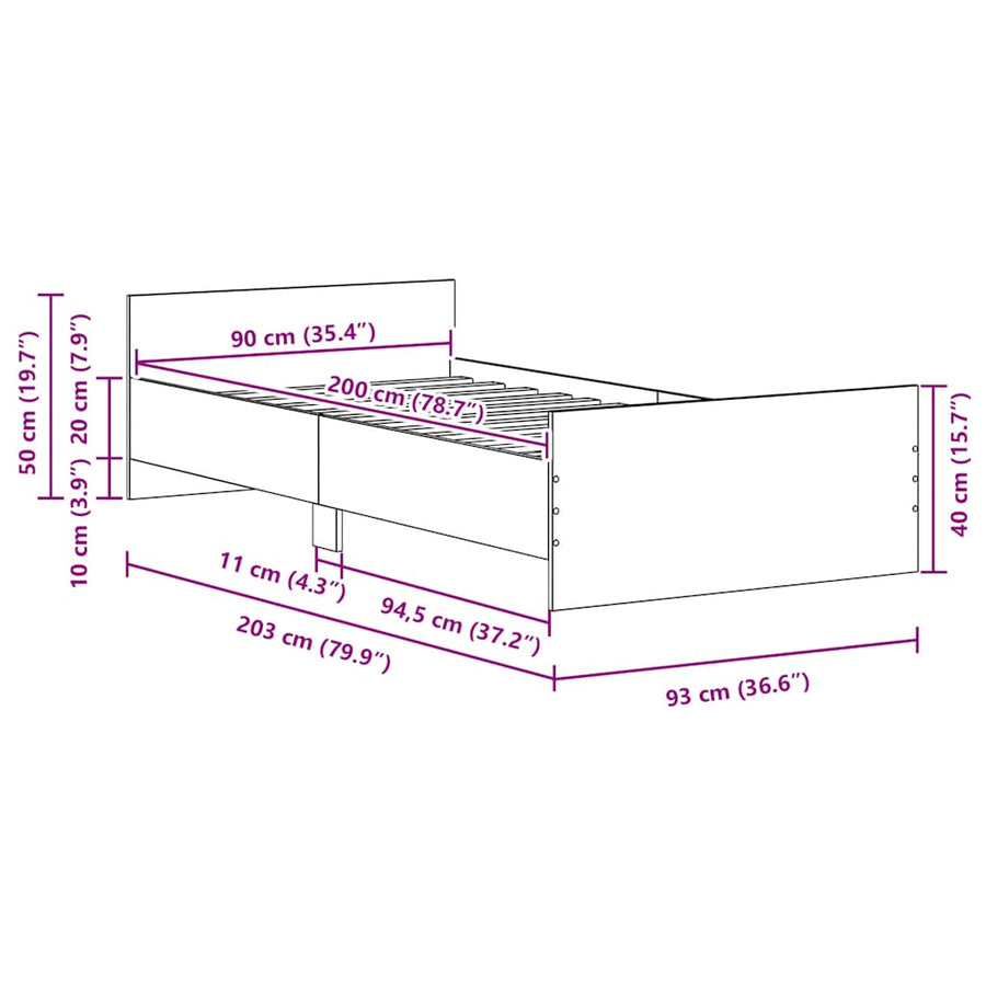 Bedframe zonder matras 90x200 cm spaanplaat zwart eikenkleurig