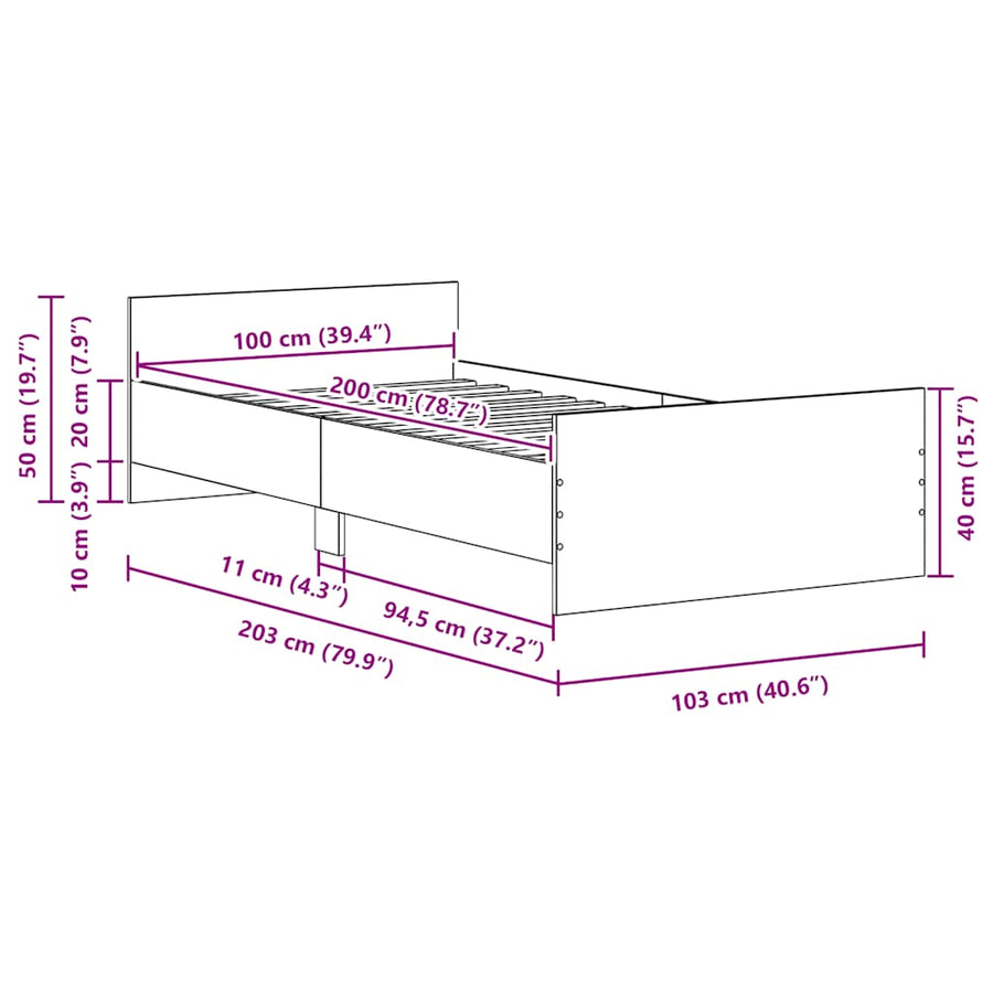 Bedframe zonder matras 100x200 cm spaanplaat zwart eikenkleurig