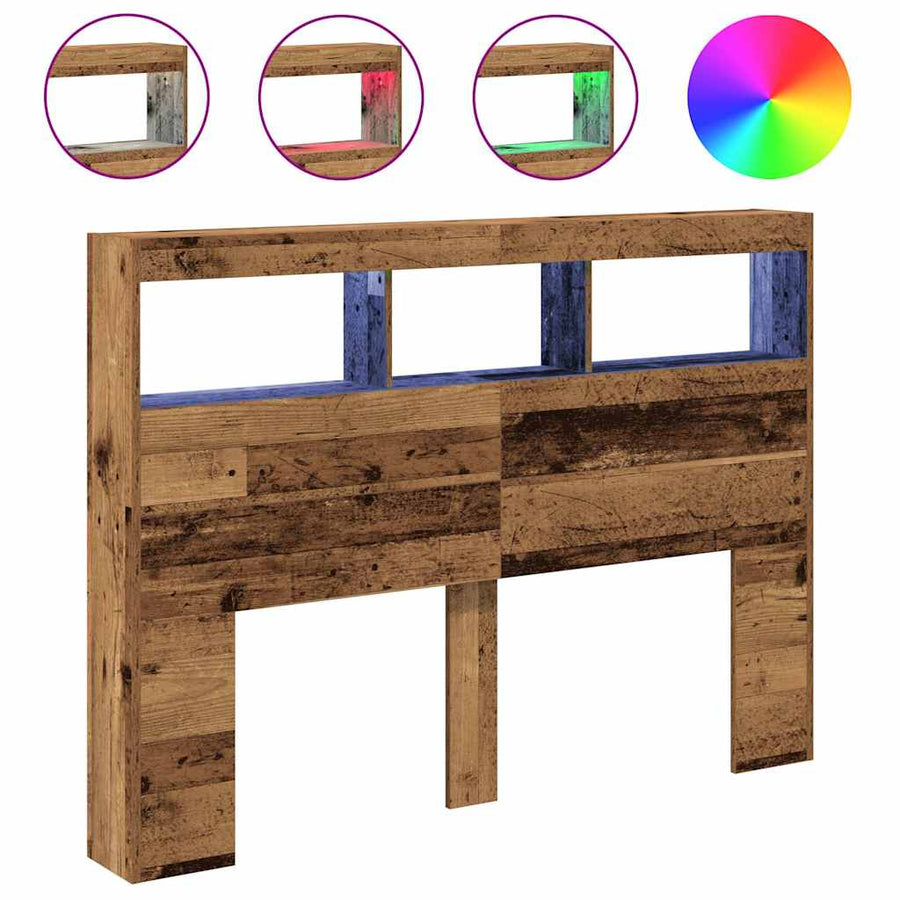 Hoofdbordkast met LED 140x17x102 cm oud hout