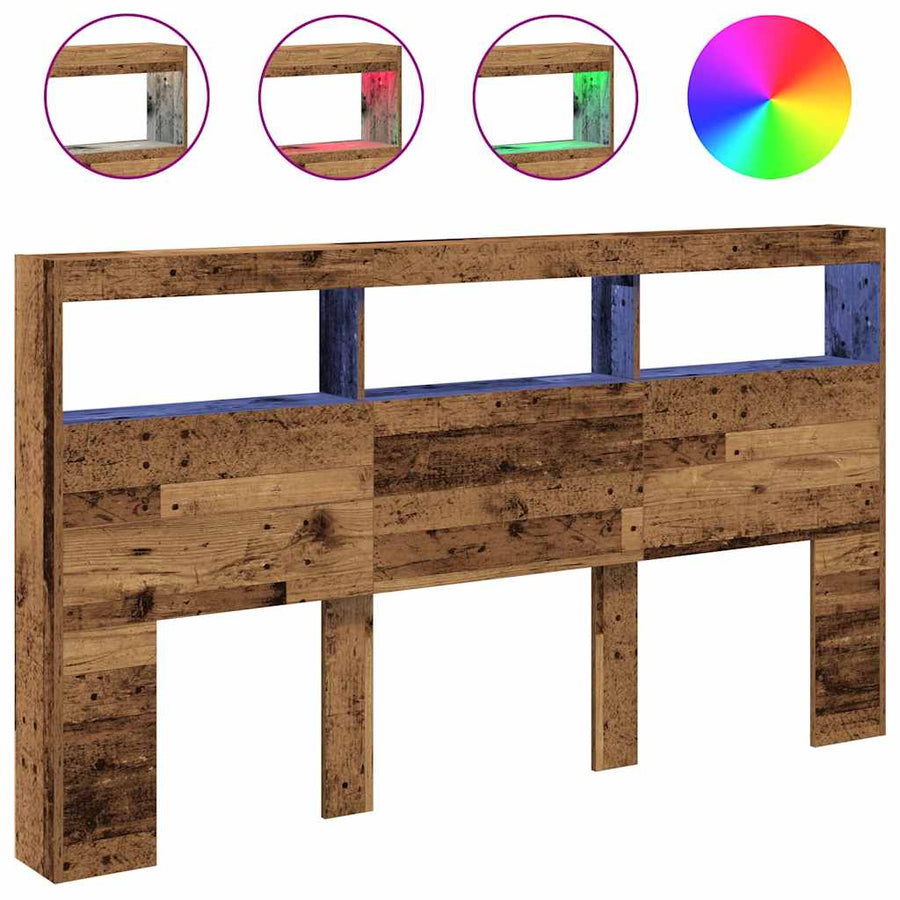 Hoofdbordkast met LED 180x17x102 cm oud hout