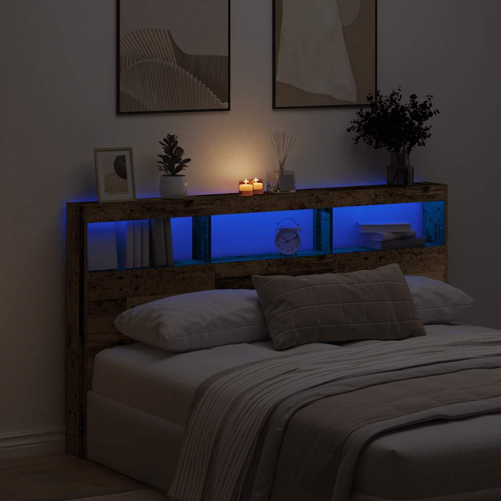 Hoofdbordkast met LED 180x17x102 cm oud hout