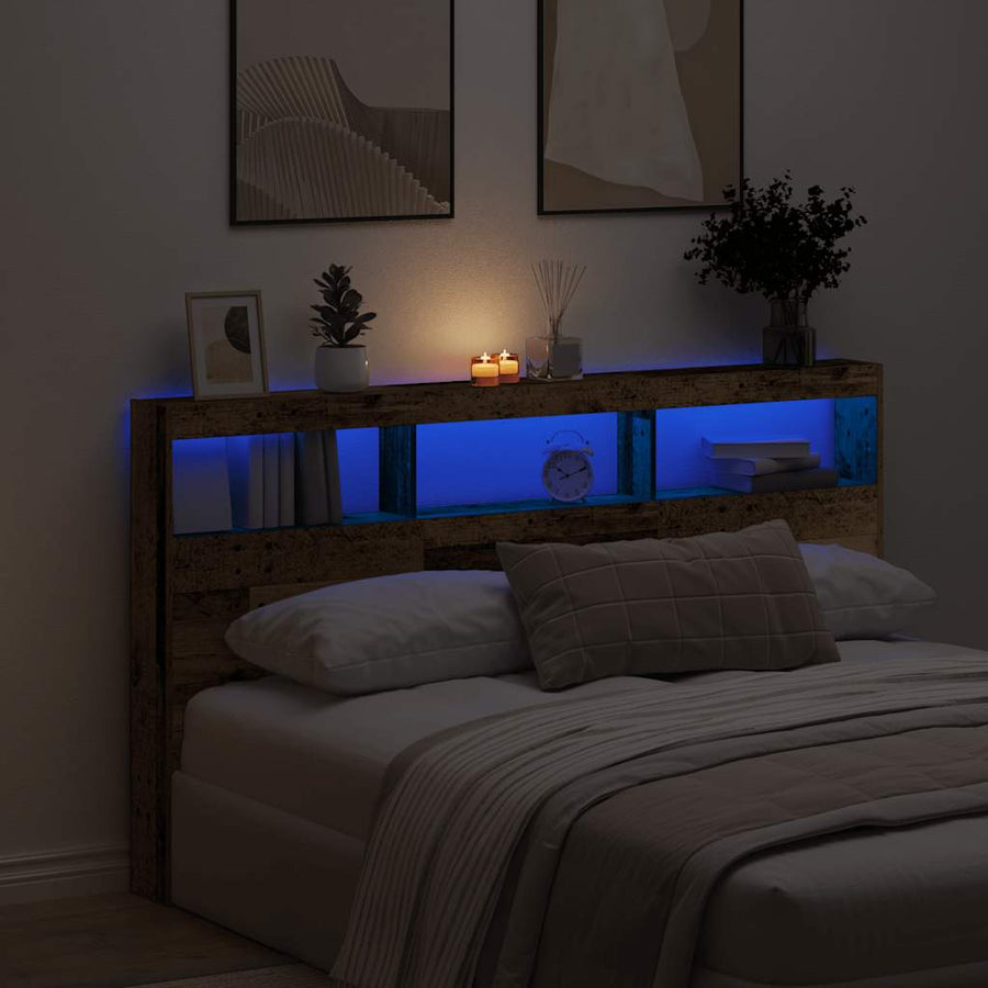 Hoofdbordkast met LED 180x17x102 cm oud hout