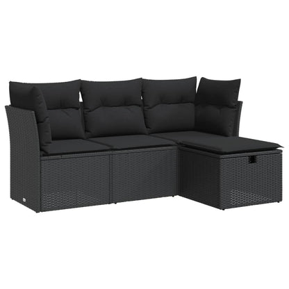 4-delige Loungeset met kussens poly rattan zwart