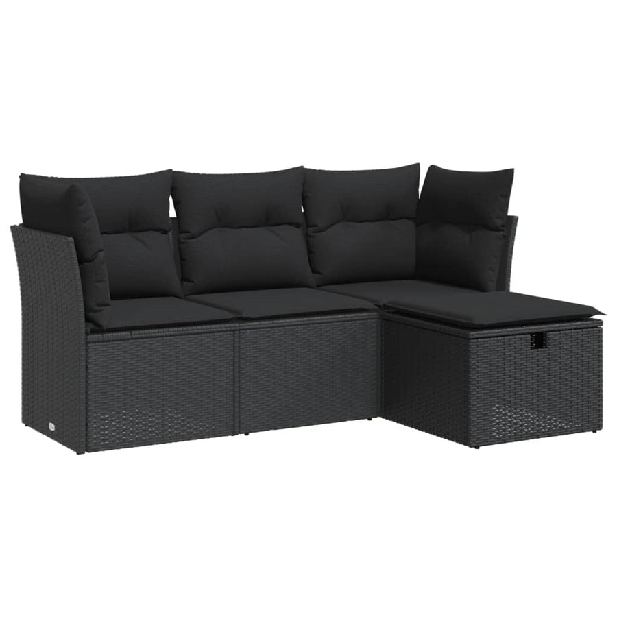 4-delige Loungeset met kussens poly rattan zwart