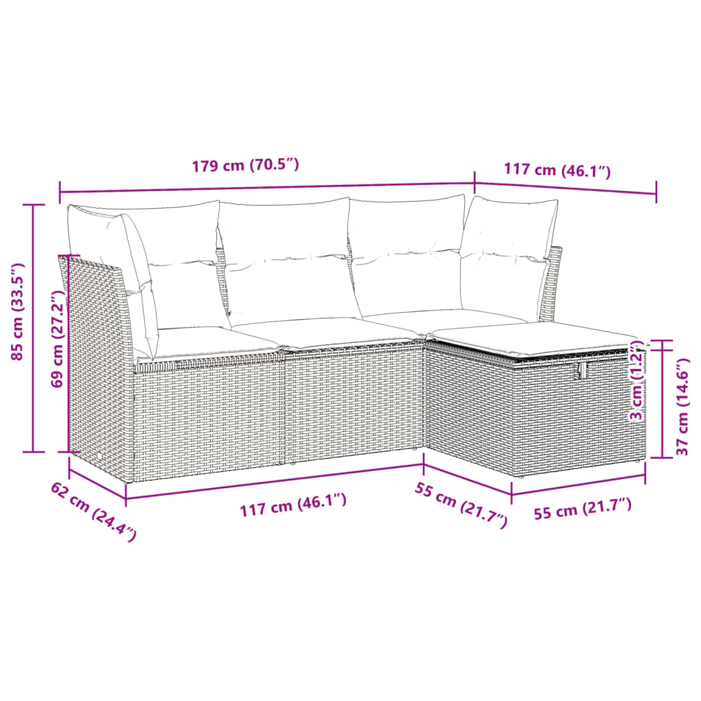 4-delige Loungeset met kussens poly rattan zwart