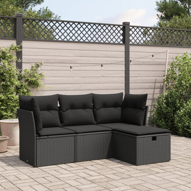 4-delige Loungeset met kussens poly rattan zwart