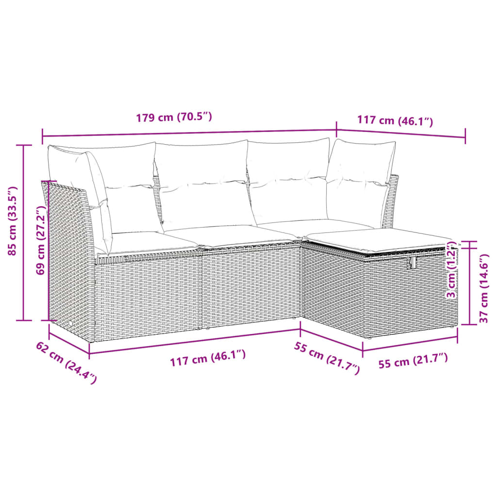 4-delige Loungeset met kussens poly rattan zwart