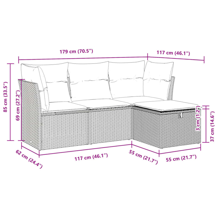 4-delige Loungeset met kussens poly rattan zwart