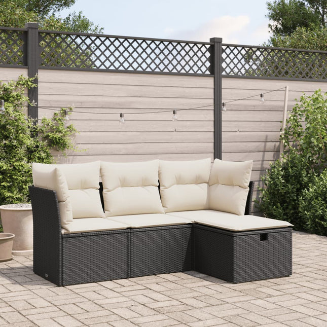 4-delige Loungeset met kussens poly rattan zwart