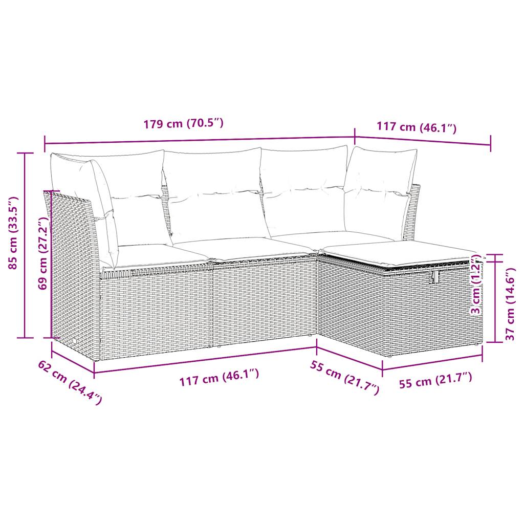 4-delige Loungeset met kussens poly rattan zwart