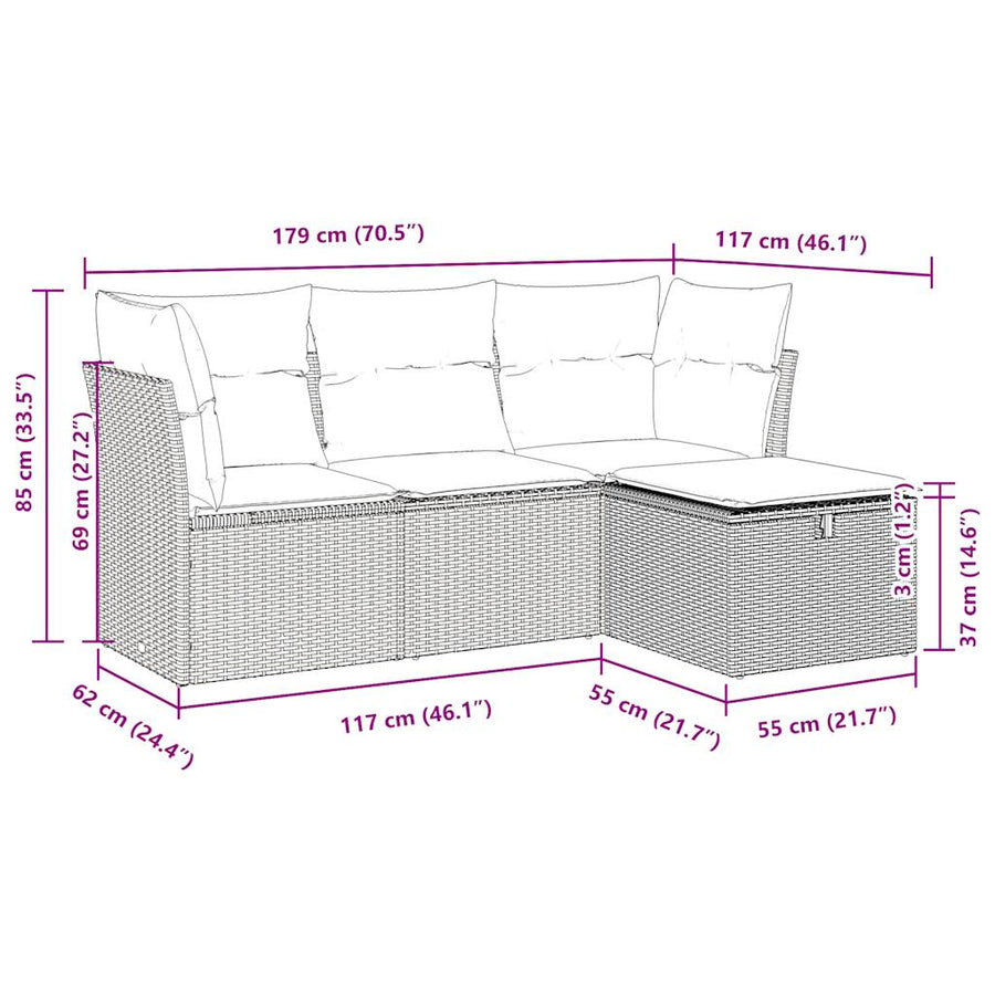 4-delige Loungeset met kussens poly rattan zwart