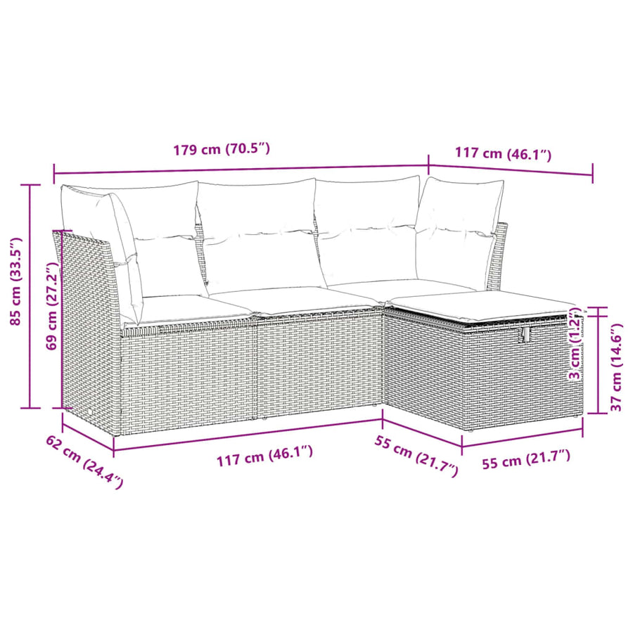 4-delige Loungeset met kussens poly rattan beige