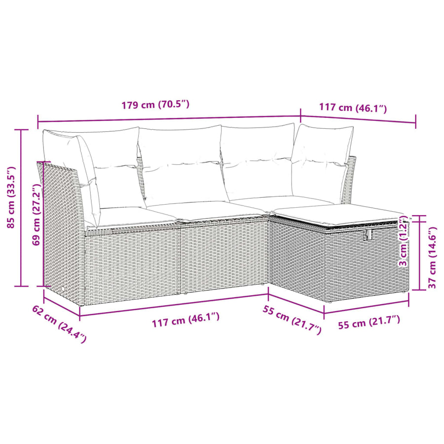 4-delige Loungeset met kussens poly rattan grijs