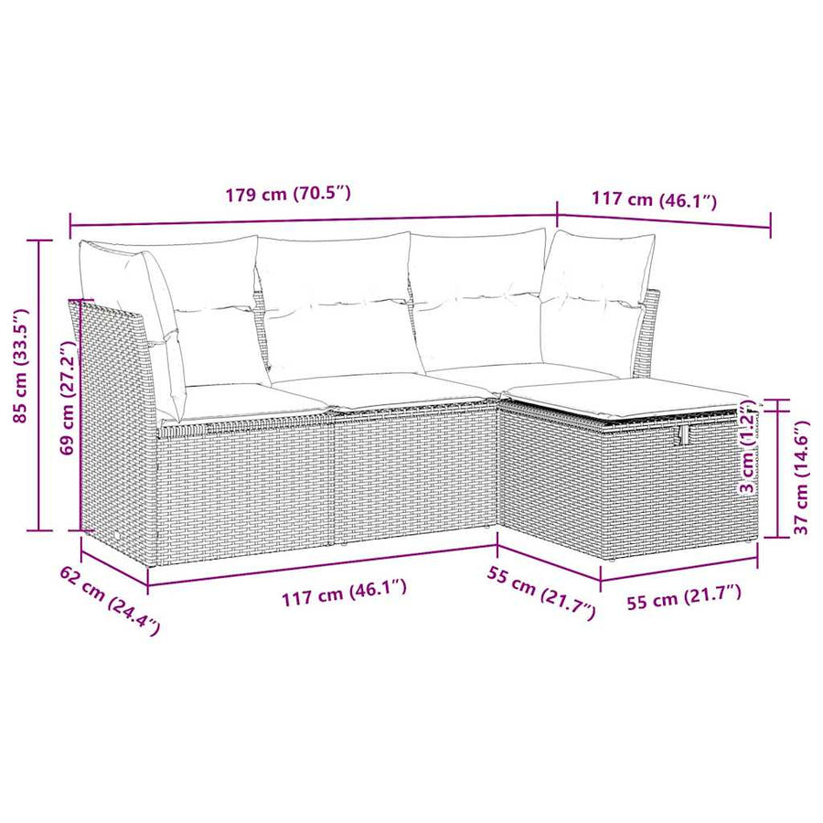 4-delige Loungeset met kussens poly rattan grijs