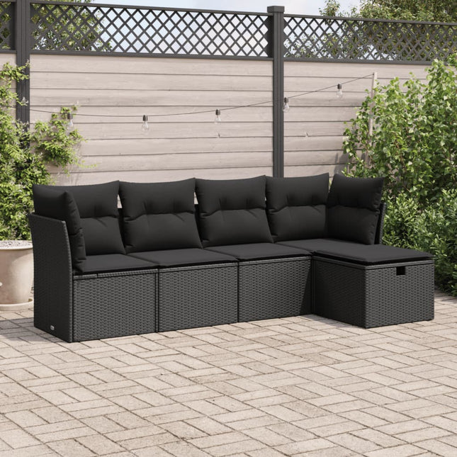 5-delige Loungeset met kussens poly rattan zwart