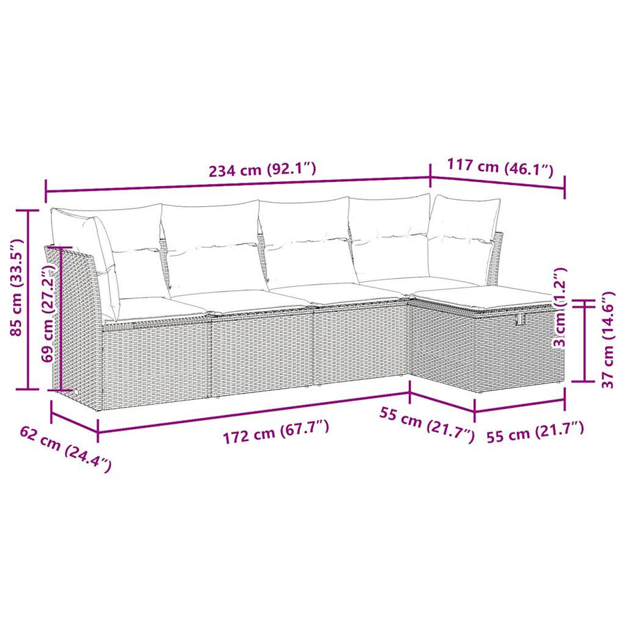 5-delige Loungeset met kussens poly rattan zwart