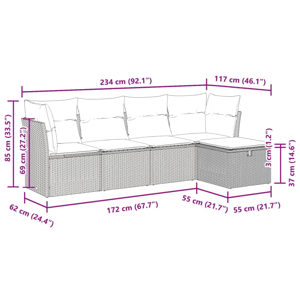 5-delige Loungeset met kussens poly rattan grijs
