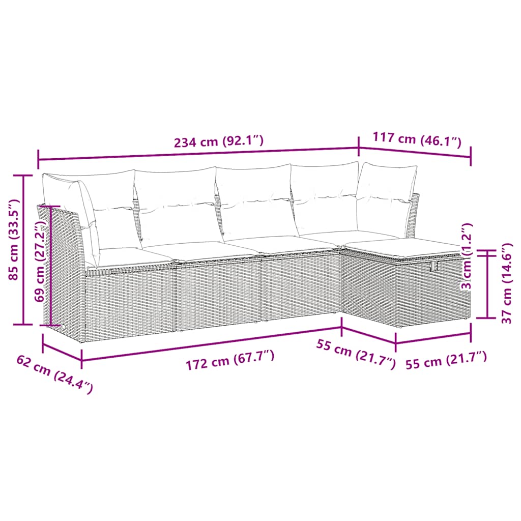 5-delige Loungeset met kussens poly rattan grijs