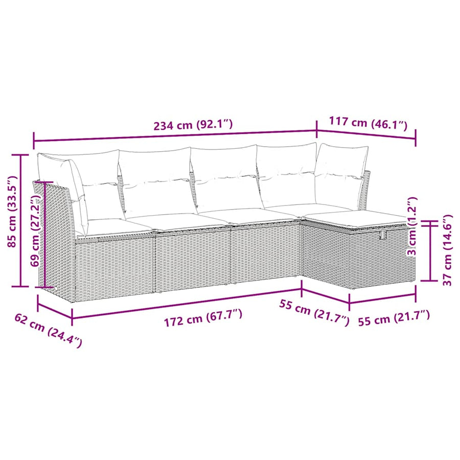 5-delige Loungeset met kussens poly rattan bruin