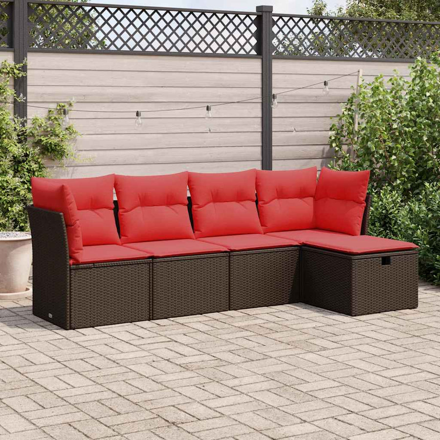 5-delige Loungeset met kussens poly rattan bruin