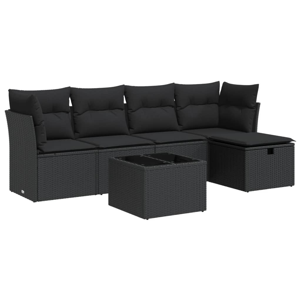 6-delige Loungeset met kussens poly rattan zwart