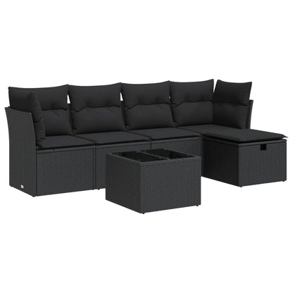 6-delige Loungeset met kussens poly rattan zwart