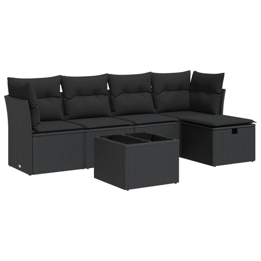 6-delige Loungeset met kussens poly rattan zwart