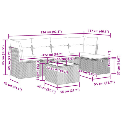 6-delige Loungeset met kussens poly rattan zwart