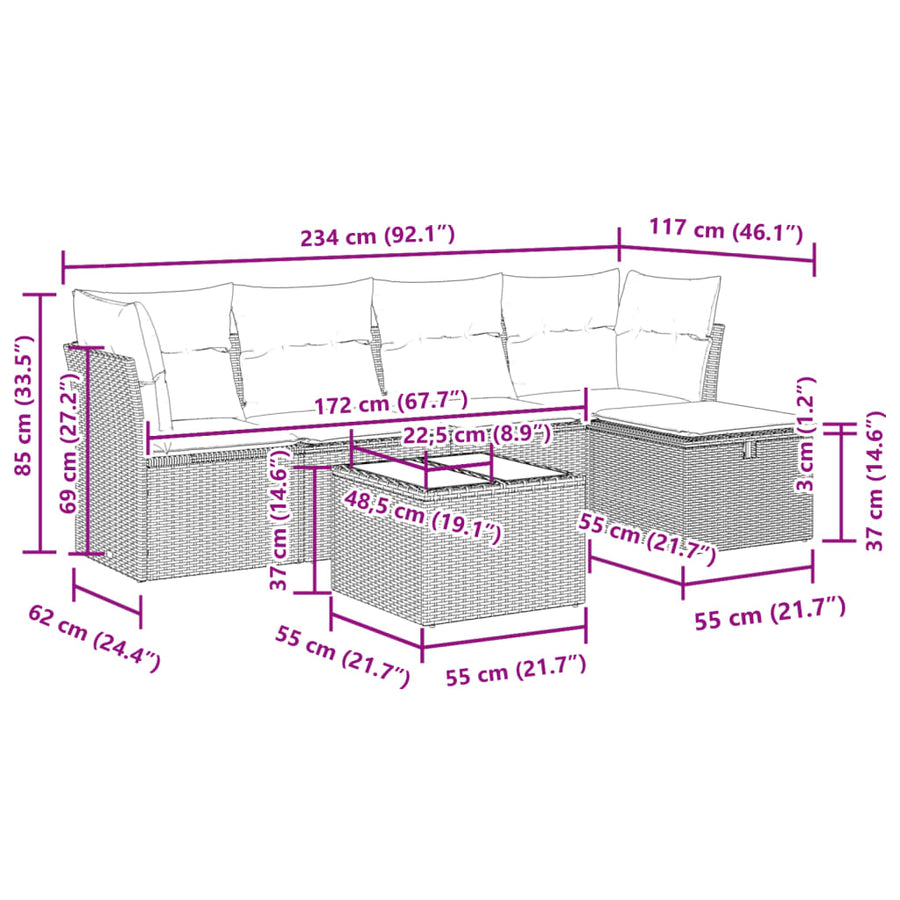 6-delige Loungeset met kussens poly rattan zwart