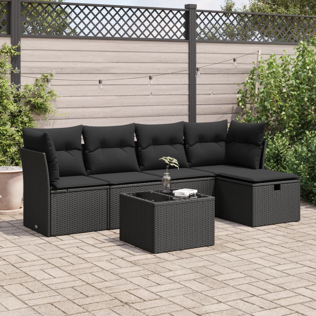 6-delige Loungeset met kussens poly rattan zwart